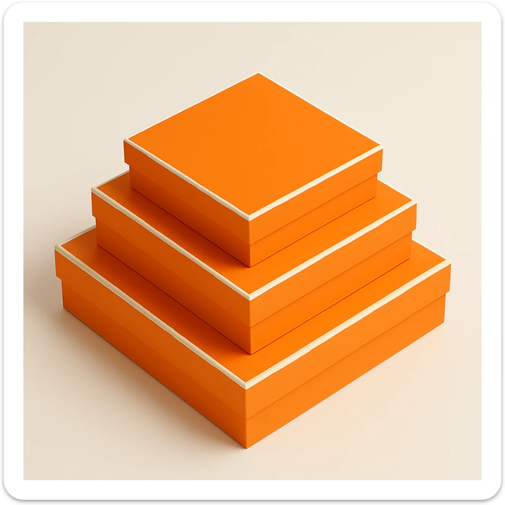 3D style stack of orange Hermès boxes, all same square shape and proportions as reference, different sizes, minimal, no logo, on white or transparent background sticker