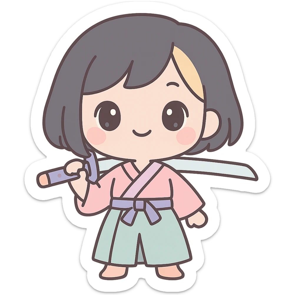 chibi style kawaii samurai girl with short hair and one streak of blonde in her hair, standing confidently, holding sword over shoulder, pastel palette sticker
