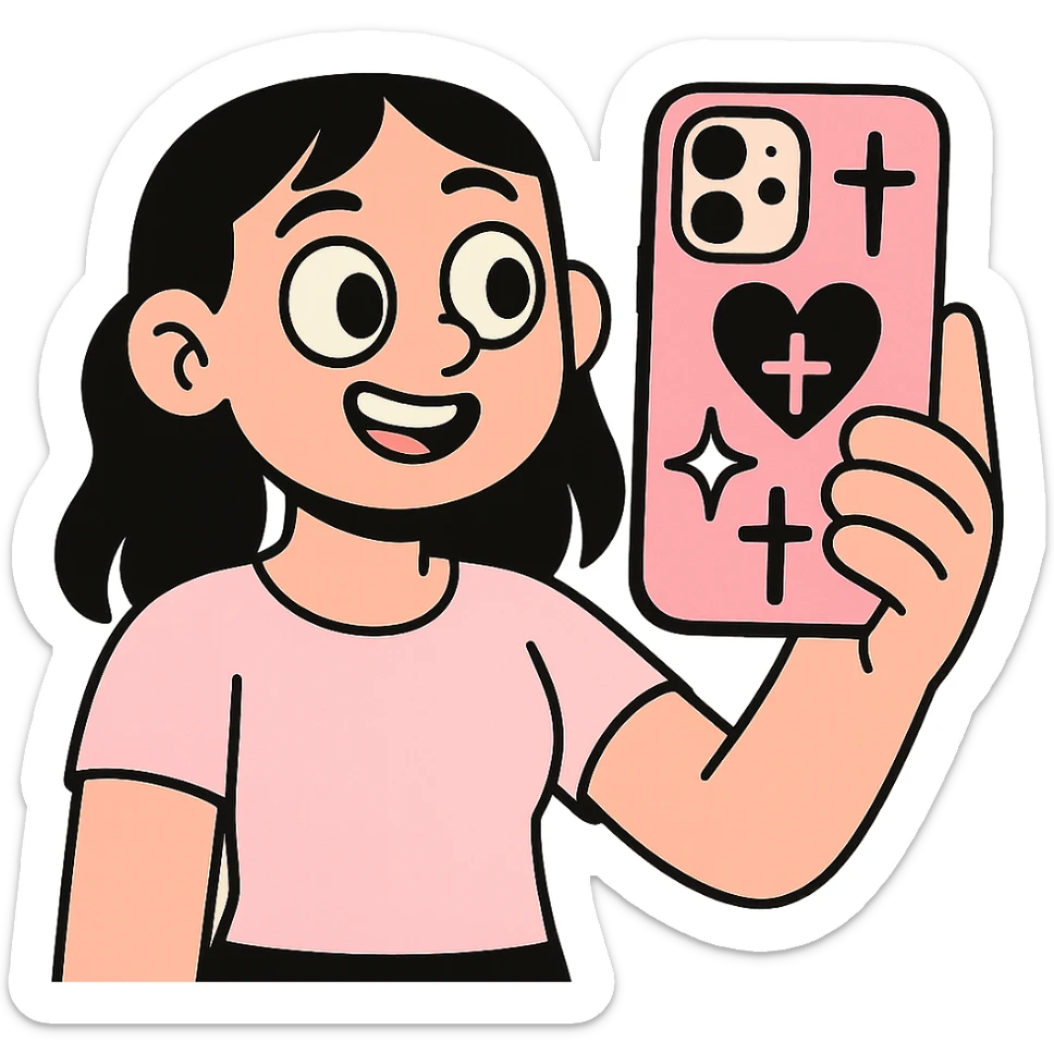 pink and black gothic phone case, big eyes, smiling, playful, cartoonish, gothic symbols sticker