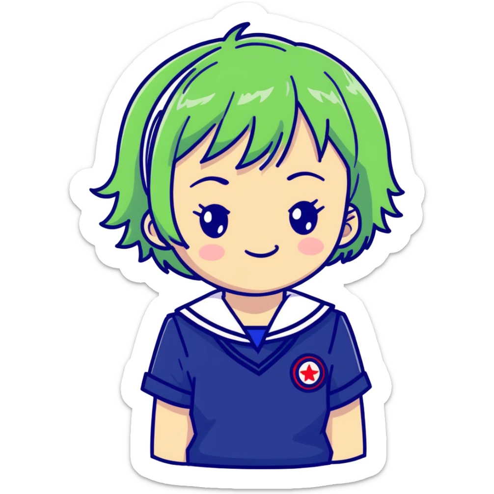 Mischievous anime girl with green short messy hair wearing Japanese sailor style school uniform, smirking and plotting, kawaii style sticker