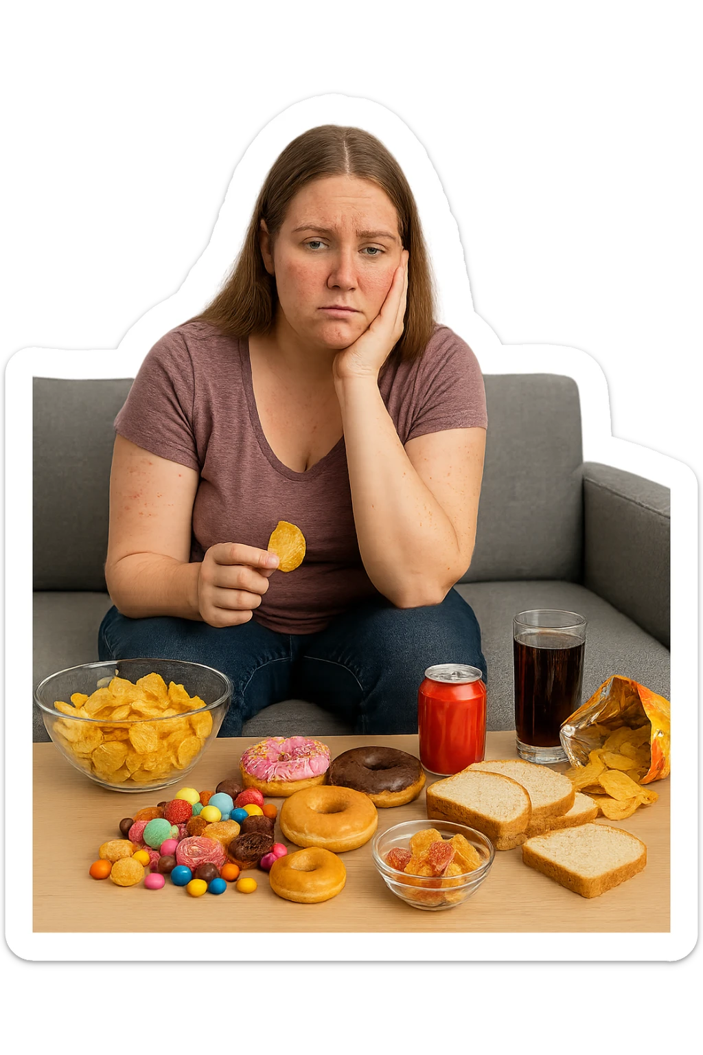 Donna tra i 25 e i 35 anni seduta sul divano o a un tavolo disordinato, circondata da cibi sparsi e poco sani: patatine, dolci, pane bianco, snack confezionati, bibite. con infiammazione e squilibri ormonali sticker