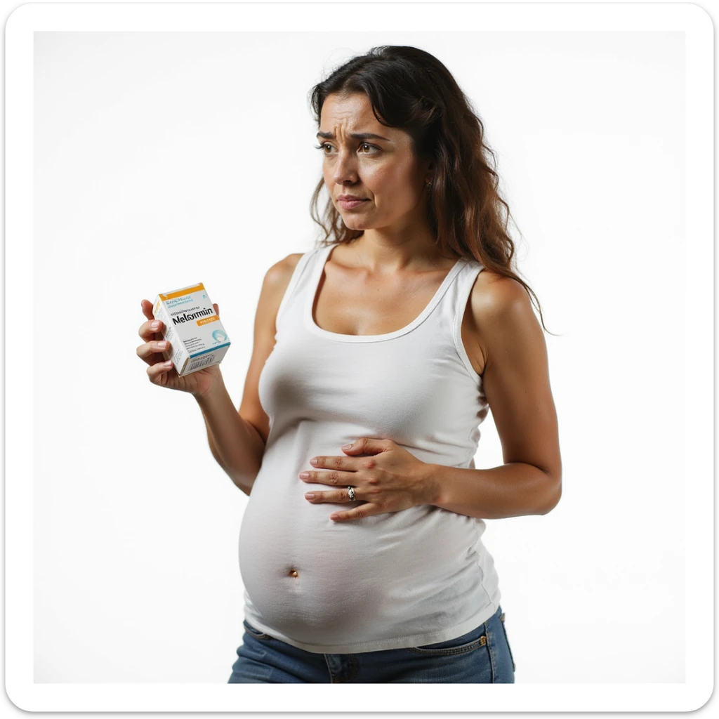 hyperrealistic 4K vertical 9:16 portrait of a woman with PCOS or insulin resistance, tired and frustrated face, holding a box of Metformin looking at it with disappointment, touching her still bloated belly with the other hand, white background sticker