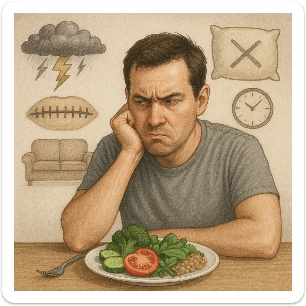 Realistic style illustration of a man in his thirties sitting at a table, looking suspiciously at a plate of healthy food. Behind him, transparent symbolic elements: a storm above the head representing stress, a sewn mouth representing repressed emotions, a pillow with an X representing insomnia, and a sofa with a clock representing sedentariness. Neutral atmosphere, realistic symbolic style. sticker
