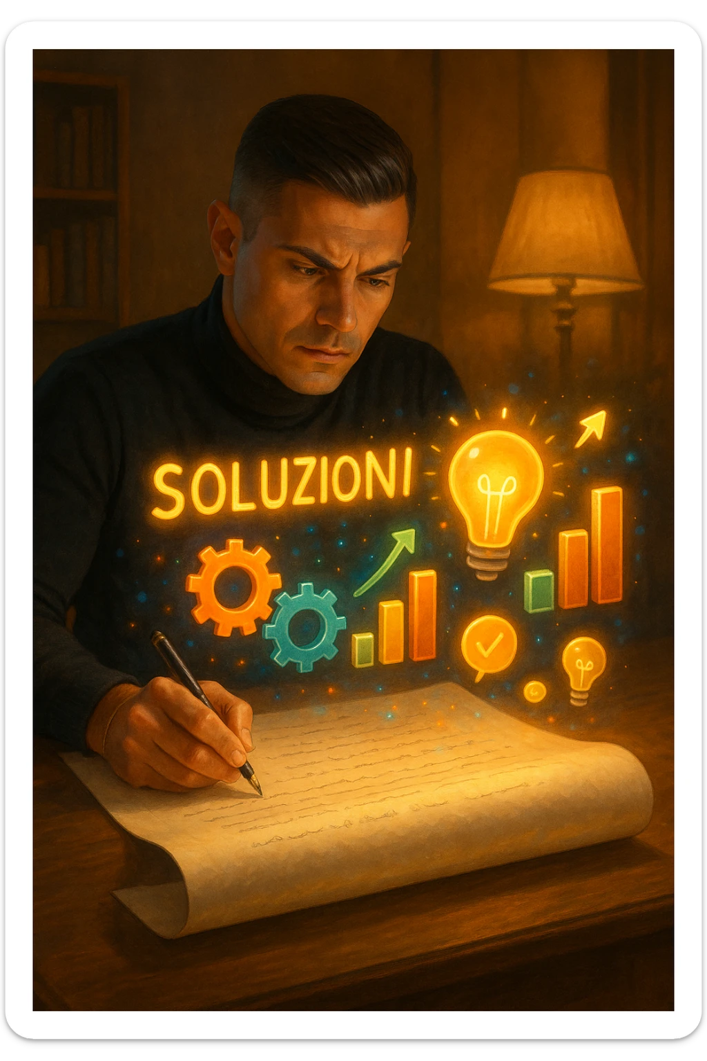 Un uomo concentrato, seduto alla sua scrivania in una stanza con luce calda, sta scrivendo su un enorme foglio di carta che si espande magicamente davanti a lui. Mentre scrive, le parole si trasformano in elementi visivi tridimensionali che rappresentano le soluzioni ai suoi problemi in italiano sticker