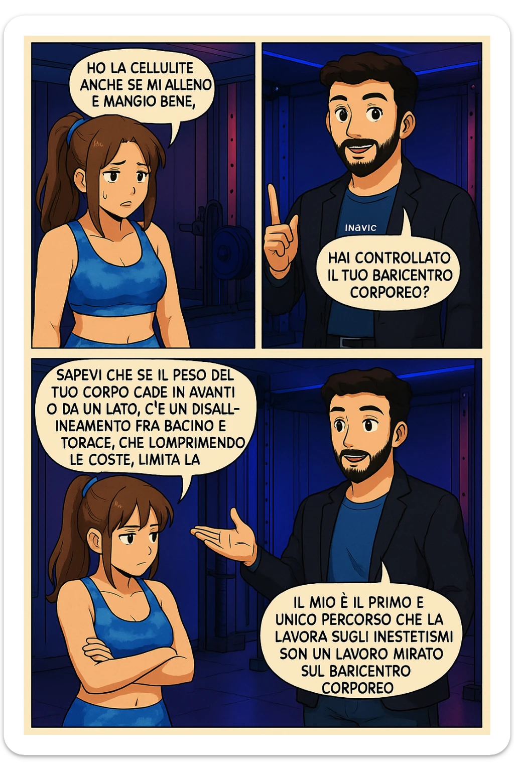 PRENDI SPUNTO DA QUESTO STILE FACENDO UN WEBTOON/MANGA:

LEI: Ho la cellulite anche se mi alleno e mangio bene, cosa posso fare?

LUI: Hai controllato il tuo baricentro corporeo?
LUI: Sapevi che se il peso del tuo corpo cade in avanti o da un lato, c’è un disallineamento fra bacino e torace, che comprimendo le coste, limita la motilità del diaframma e l’ossigenazione dei tessuti?
LUI: Il mio è il primo e unico percorso che lavora sugli inestetismi con un lavoro mirato sul baricentro corporeo. sticker