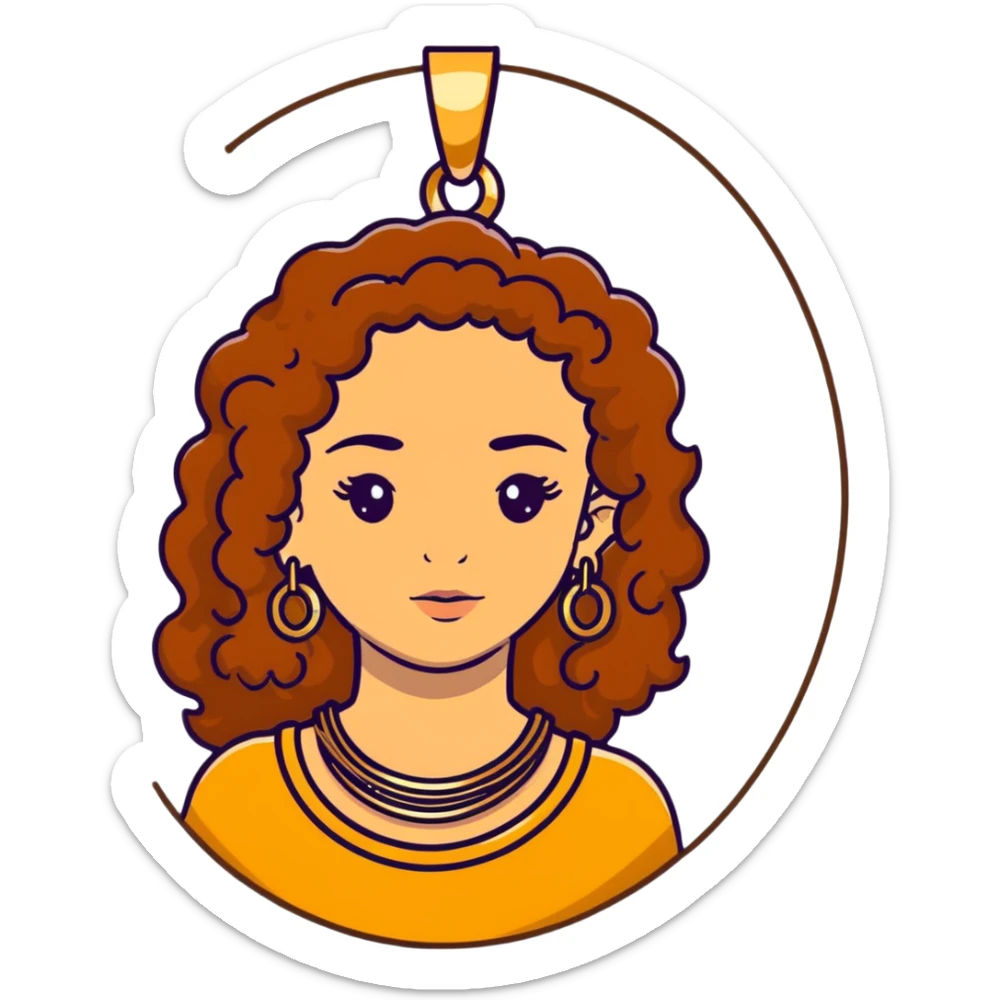 Attractive Greek woman with freckles, long curly amber-brown hair, gold hoop earrings and small necklace sticker