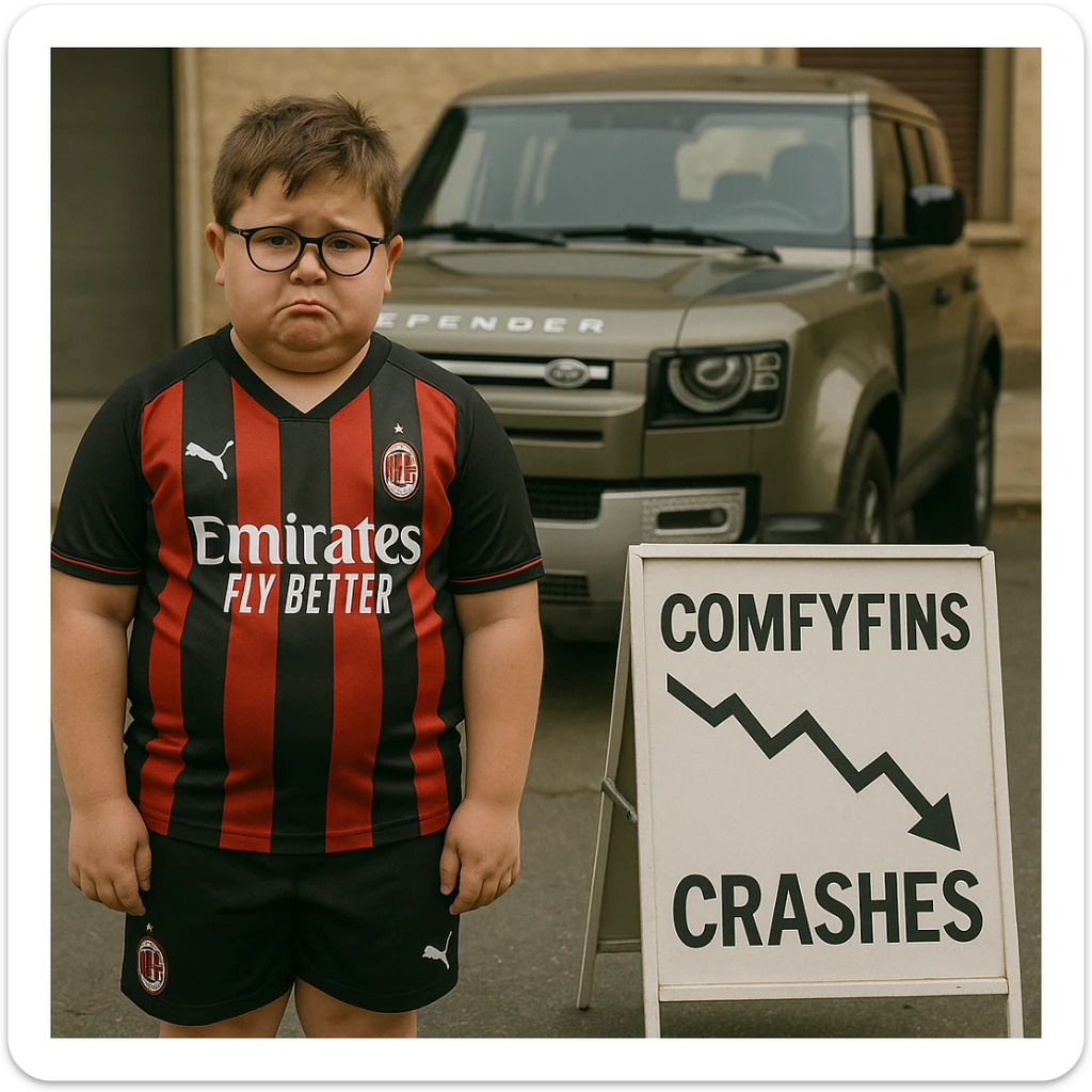 A chubby kid with glasses, dressed in an AC Milan football kit, standing in front of a Land Rover Defender, looking sad as his business 'ComfyFins' crashes, conveying disappointment and business failure sticker