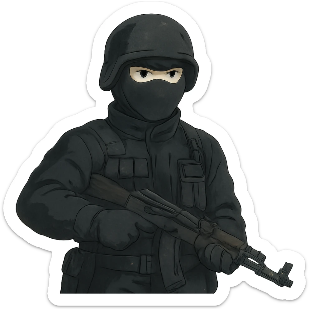 ghibli style armed figure in all-black military clothing, shiesty mask, and helmet sticker