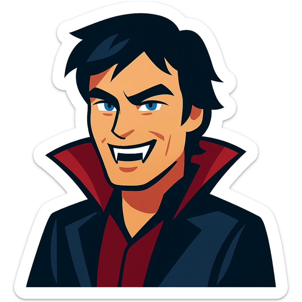 Damon Salvatore as a vampire with dark hair, blue eyes, fangs, confident grin sticker