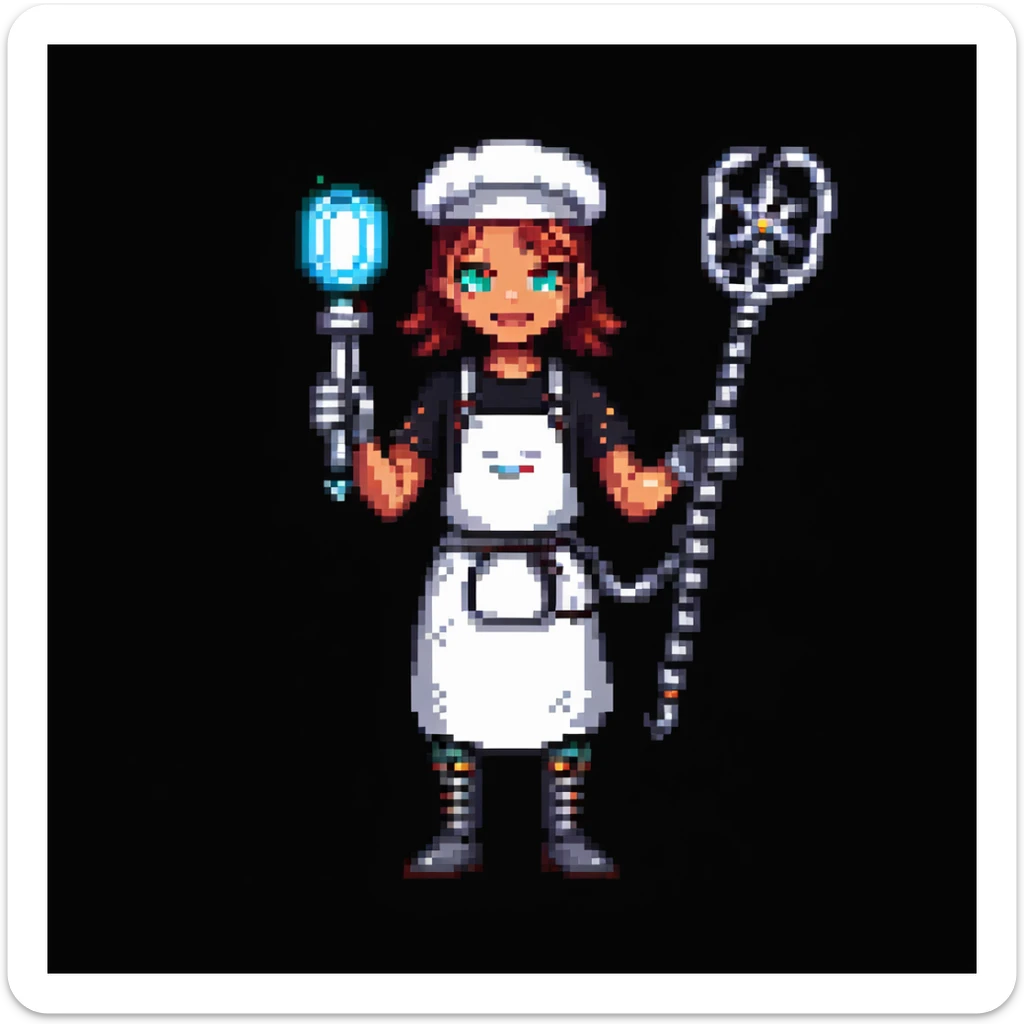 Portrait of a cyborg baker with a mechanical arm holding a whisk, glowing eyes, chrome apron, skeuomorphism style sticker