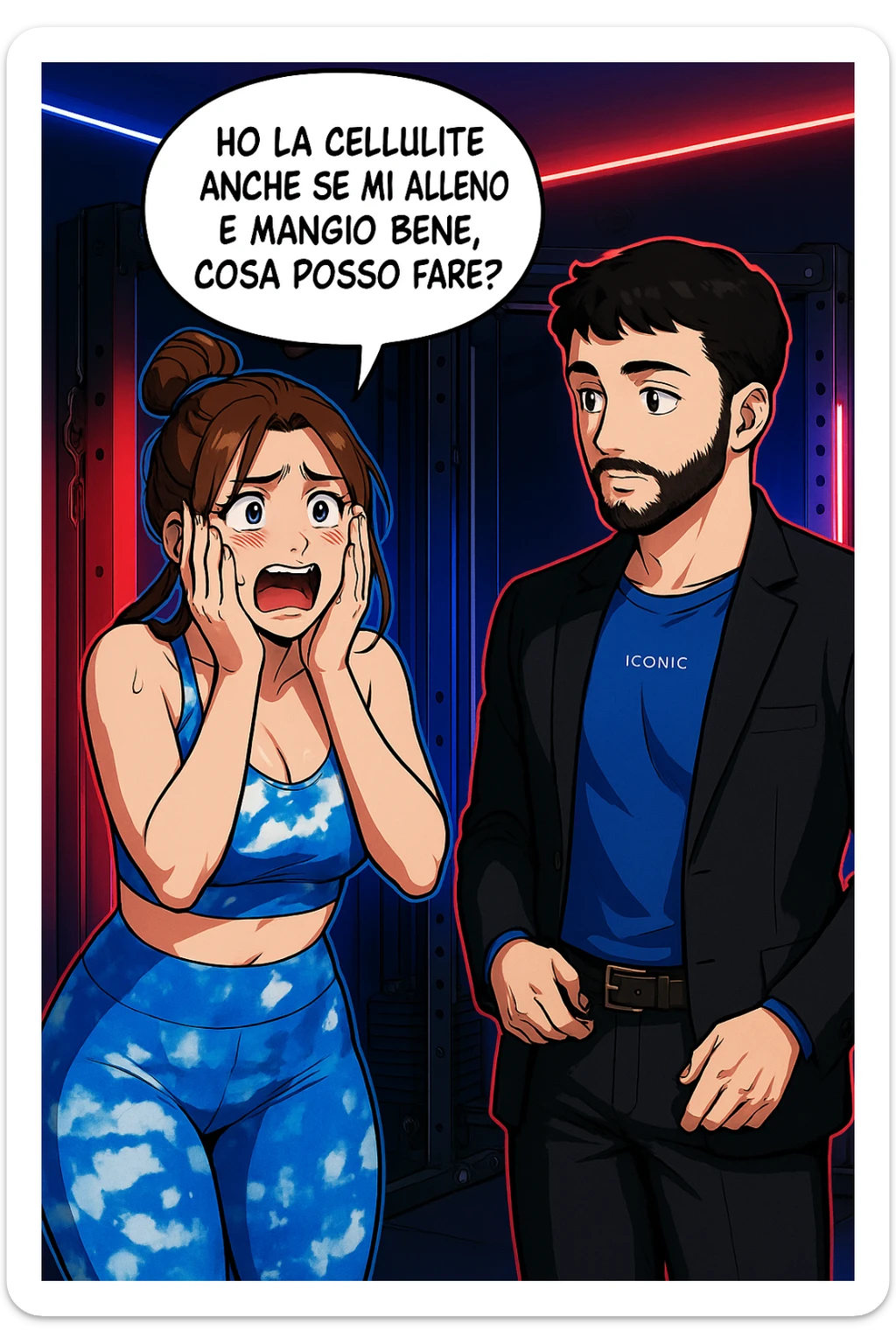 TRASFORMA QUESTO CAROSELLO IN UN FUMETTO STILE WEBTOON/MANGA A COLORI CON QUESTE DUE PERSONE IDENTICHE CHE INTERLOQUISCONO TRA LORO, LA DONNA è DISPERATA CON LE MANI SULLE GUANCE E STA DOMANDANDO TUTTA AGITATA UNA COSA ALL'UOMO:

LEI (DONNA): Ho la cellulite anche se mi alleno e mangio bene, cosa posso fare? sticker