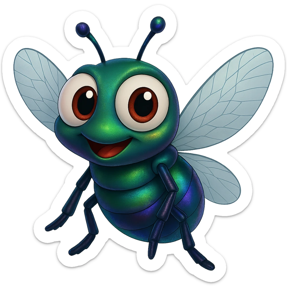 can you change its colors to look more like a real fly but leave it colorful, just add some Iridescent like on a real fly. leave the eyeballs white. trasparent background sticker