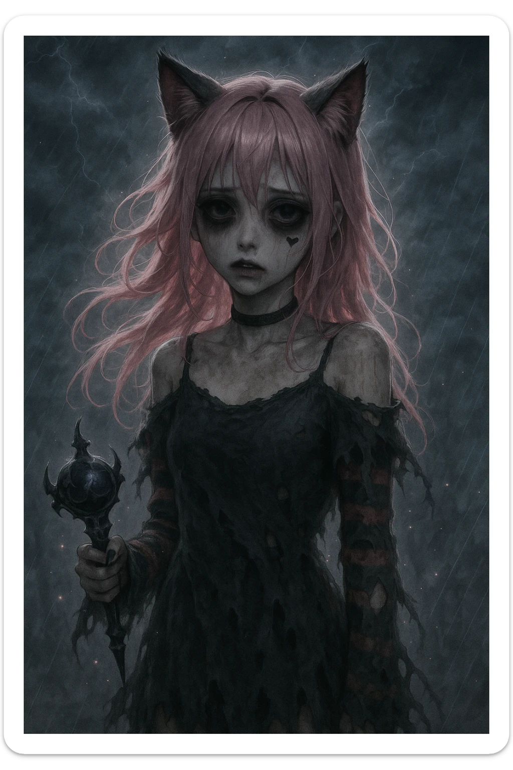 realistic anime catgirl with pink hair, emo streetwear, heart tattoo under left eye, dark magical accessory, sparkles, stormy background, ghostly horror look with tattered dress, flickering outline, and haunting expression sticker