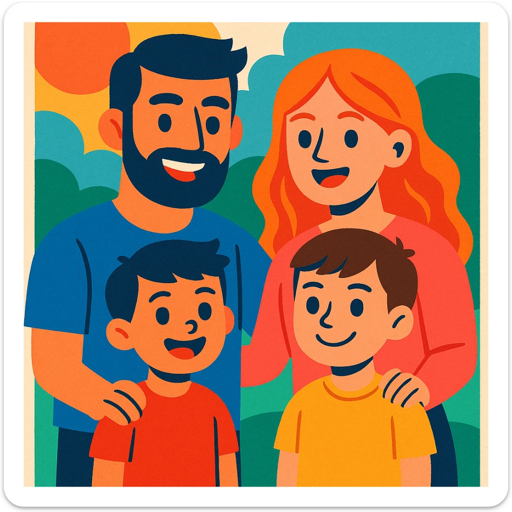 vibrant cartoon style illustration of a heterosexual couple with two boys sticker