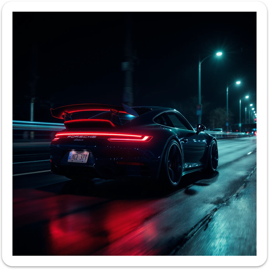 Cinematic still of a porsche 911, night photo, red lights and blue bright night  sticker