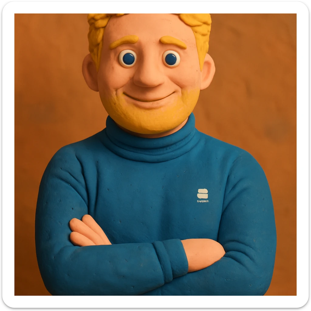 claymation style portrait inspired by Gerard Butler, weniger Falten, Haare mehr blond, Gesichtsausdruck freundlicher und leicht lächelnd, der ganze Kopf inklusive Haare soll vollständig dargestellt werden sticker