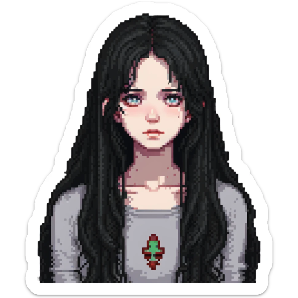 pale girl with long black hair, sad expression sticker