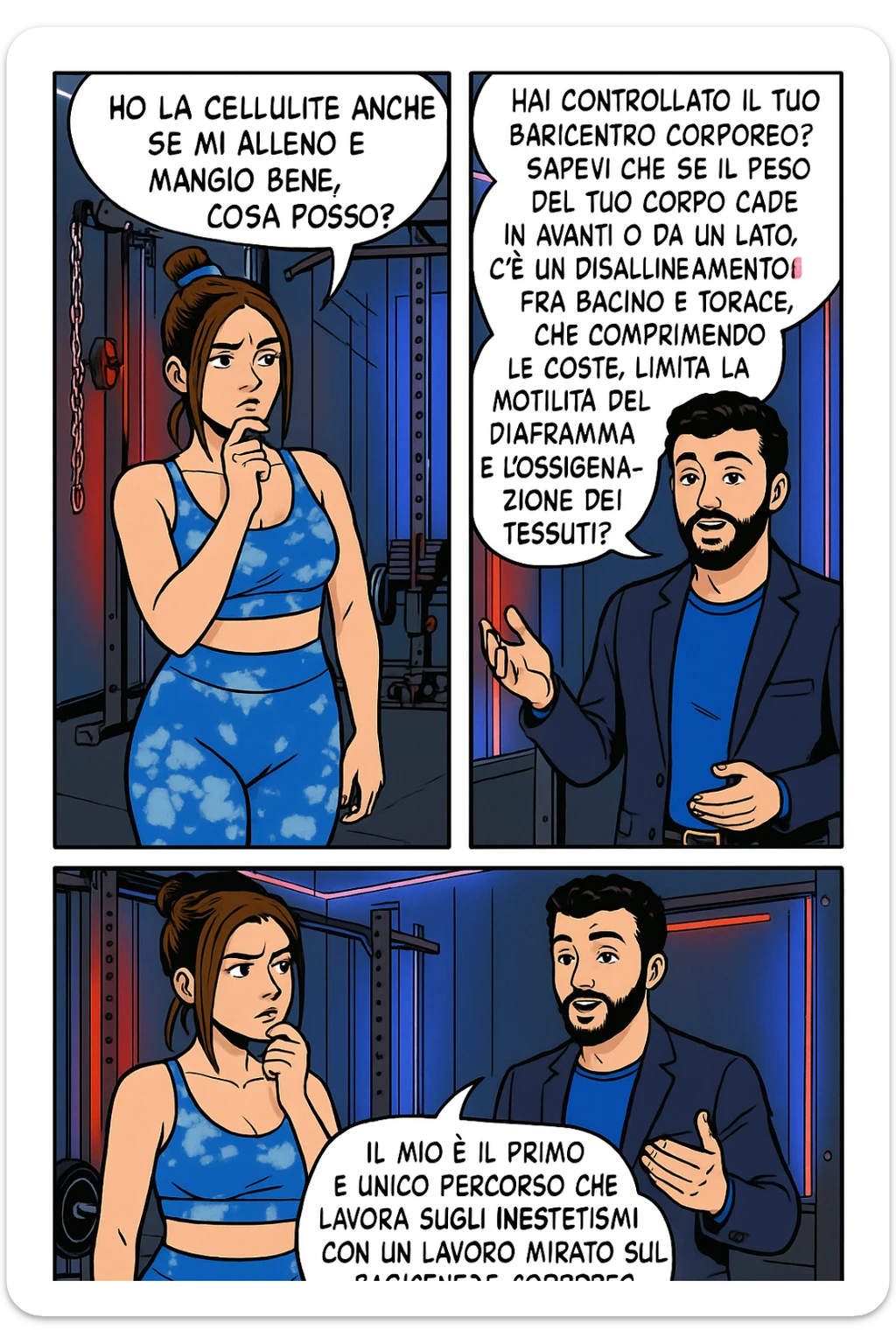 TRASFORMA QUESTO CAROSELLO IN UN FUMETTO CON QUESTE DUE PERSONE IDENTICHE CHE INTERLOQUISCONO TRA LORO:

LEI: Ho la cellulite anche se mi alleno e mangio bene, cosa posso fare?

LUI: Hai controllato il tuo baricentro corporeo?
Sapevi che se il peso del tuo corpo cade in avanti o da un lato, c’è un disallineamento fra bacino e torace, che comprimendo le coste, limita la motilità del diaframma e l’ossigenazione dei tessuti?
Il mio è il primo e unico percorso che lavora sugli inestetismi con un lavoro mirato sul baricentro corporeo. sticker