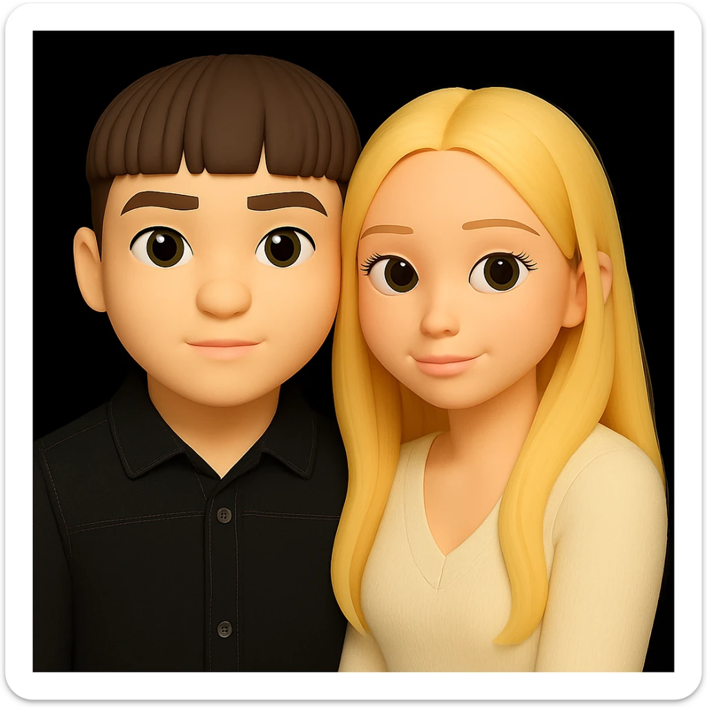 Edit the image to make the skin color of both people the same light tone as the girl, keeping the 3D emoji style and all other details unchanged. Maintain the 3D emoji style look in the edit. sticker