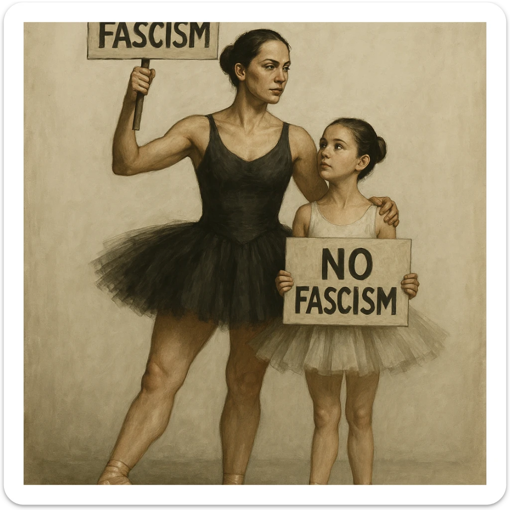 A mother and daughter ballet dancers, both in tutus and ballet shoes, standing together holding protest signs against fascism, expressive and powerful sticker