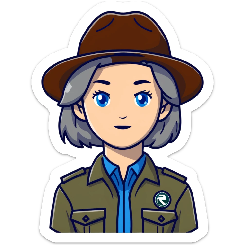 white woman park ranger with brown and gray hair and blue eyes sticker