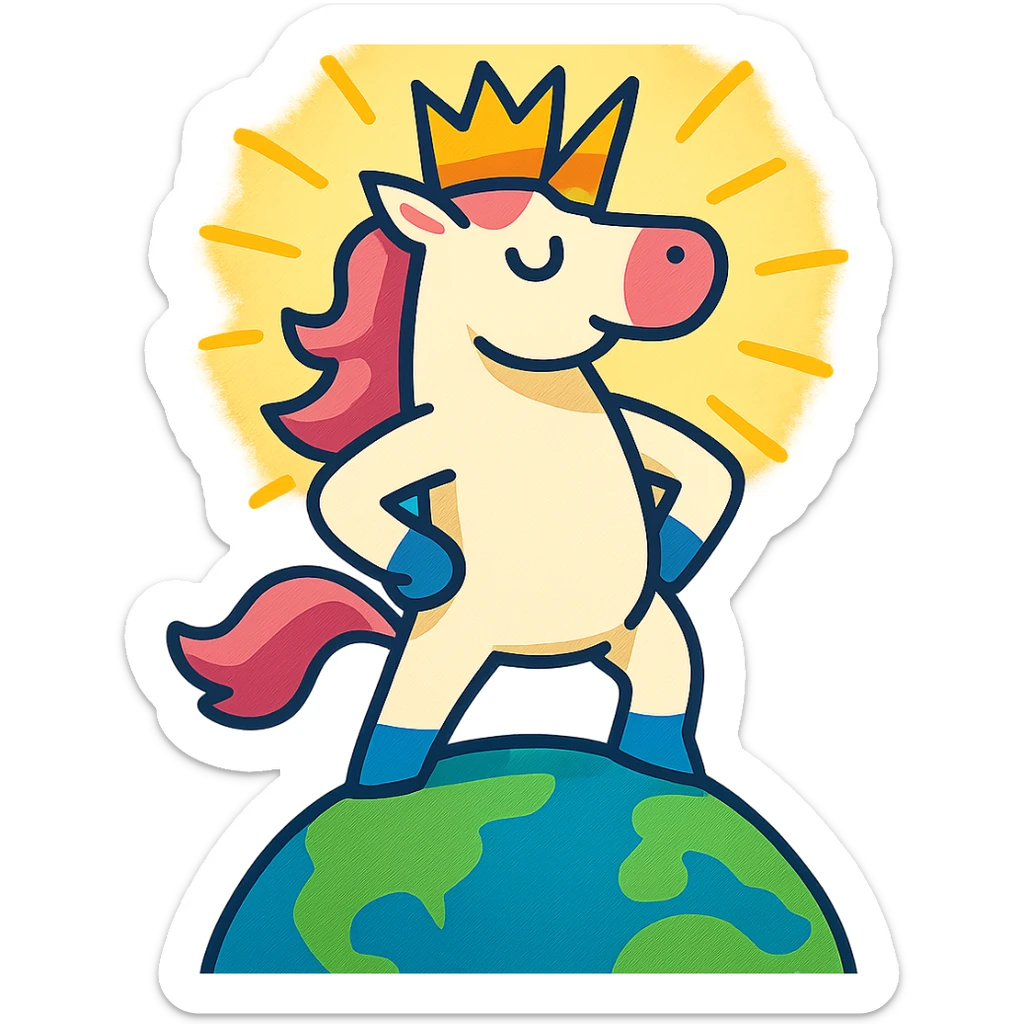 unicorn king on top of the world glowing with a bright aura exuding confidence and triumph sticker