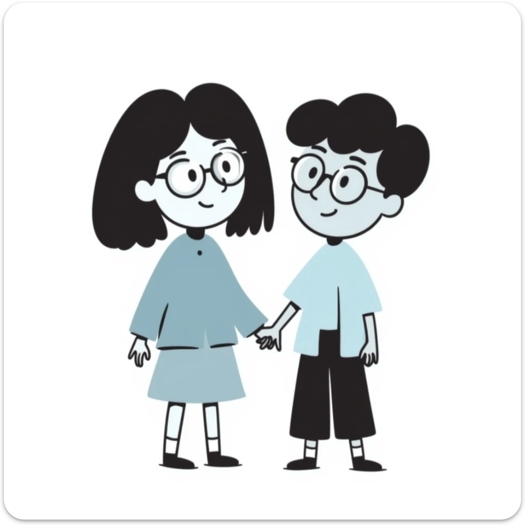 a light brown girl with black medium hair, clear glasses, wearing a light blue top, and a light blue boy next to her sticker