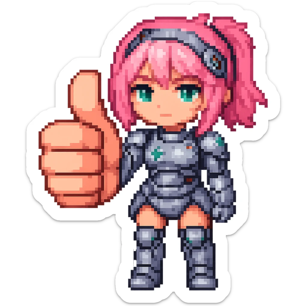Make the thumb more prominent on the cyborg girl with pink hair giving a thumbs up in pixel art style with chibi proportions, no background. sticker