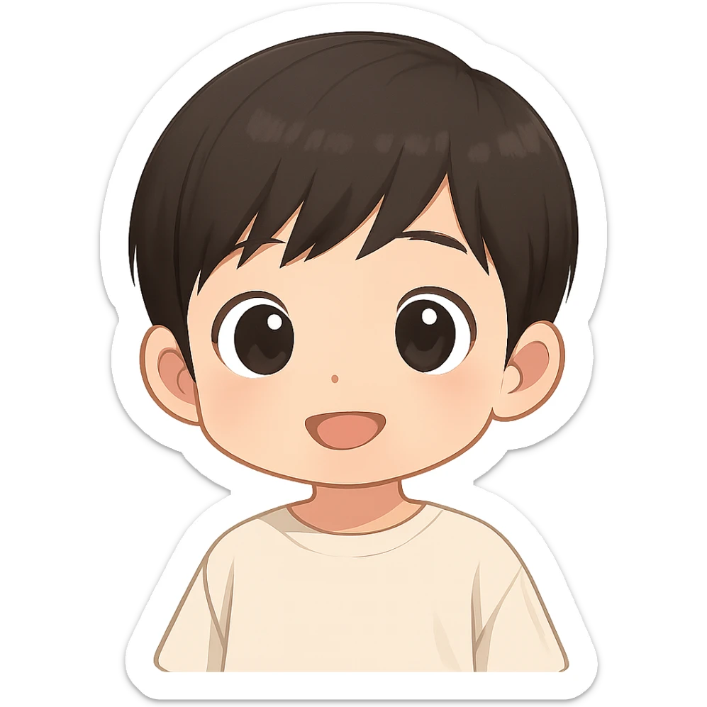 Create a cute emoji of an Asian baby boy with big eyes, round face, soft features, simple and expressive style, emoji look, no background. sticker