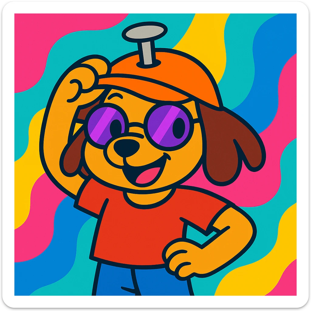 Add a vibrant, colorful background behind the cute puppy girl with a nail hat and half purple sunglasses, smiling and holding the hat up. Keep the fun, expressive cartoon style. sticker