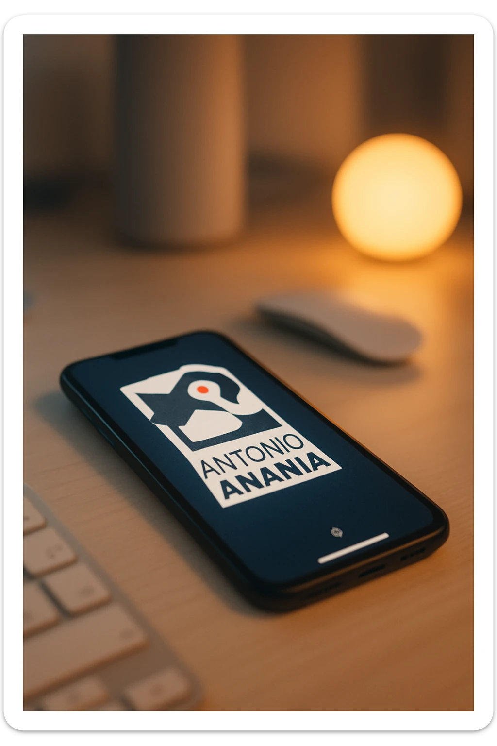 A photo of an iPhone on the desk with the message "Antonio Anania" on its screen, The phone sits atop a desk with a blurred background that suggests work environment. A faint glow from above casts gentle shadows across the surface of each object, creating depth and highlighting their textures sticker