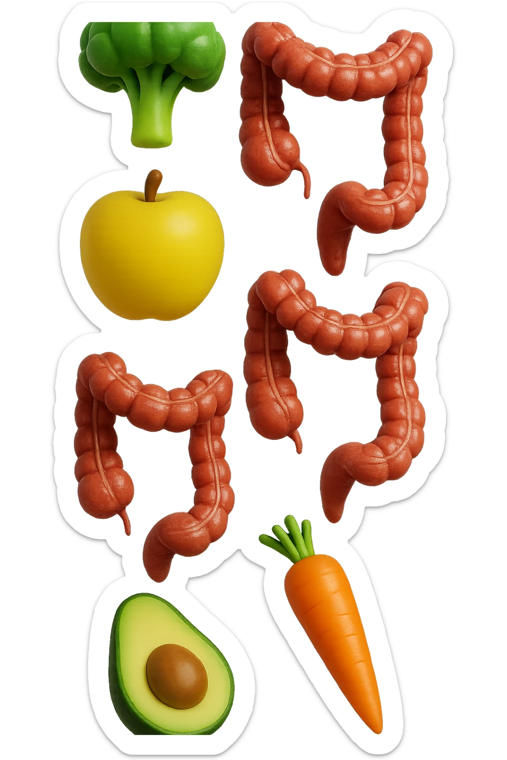 emoji stile iphone in 3d di cibo sano che fluttua in aria vericalmente insieme a pezzi di colon umano anatomico, iperrealistico 4k sticker