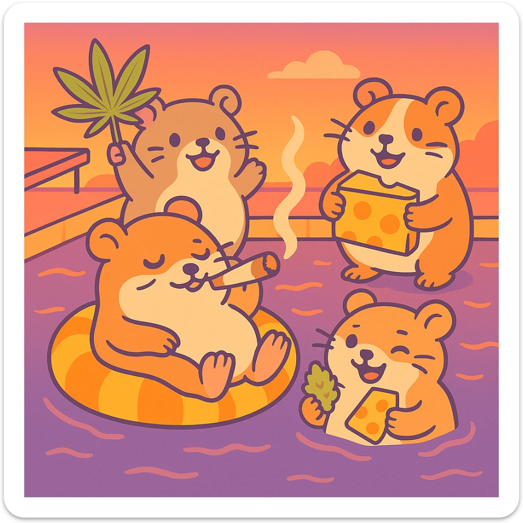 Add a pastel sunset background with gentle orange, pink, and purple gradients behind the pool party scene. Maintain the pastel toon style with a nostalgic, fun, and inviting summer party vibe, including THC/weed/cheese theme elements. sticker