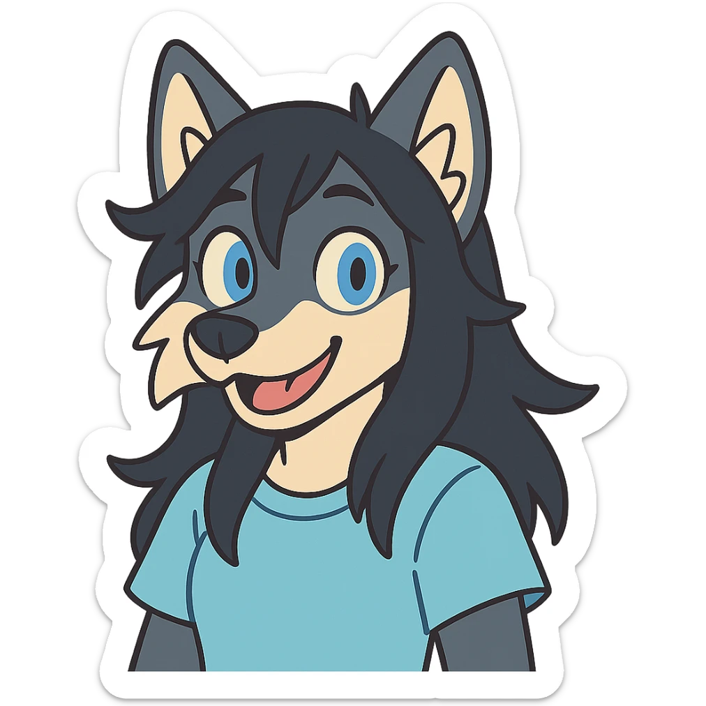anime style wolf furry character with blue eyes, long black hair, wearing a light blue shirt sticker