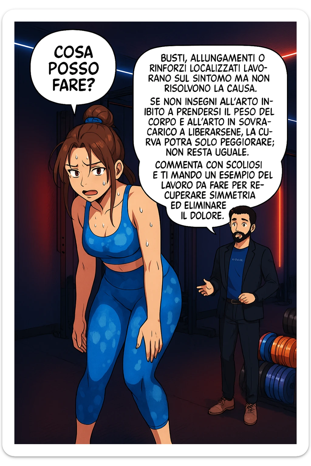 ispirati a questo stile di disegno e fai questa immagine in versione manga/webtoon a colori, il manga mostra la donna preoccupata che chiede: "COSA POSSO FARE?" E L'UOMO CHE RISPONDE: Busti, allungamenti o rinforzi localizzati lavorano sul sintomo ma non risolvono la causa. Se non insegni all’arto inibito a prendersi il peso del corpo e all’arto in sovraccarico a liberarsene, la curva potrà solo peggiorare; non resta uguale. Commenta con scoliosi e ti mando un esempio del lavoro da fare per recuperare simmetria ed eliminare il dolore. sticker