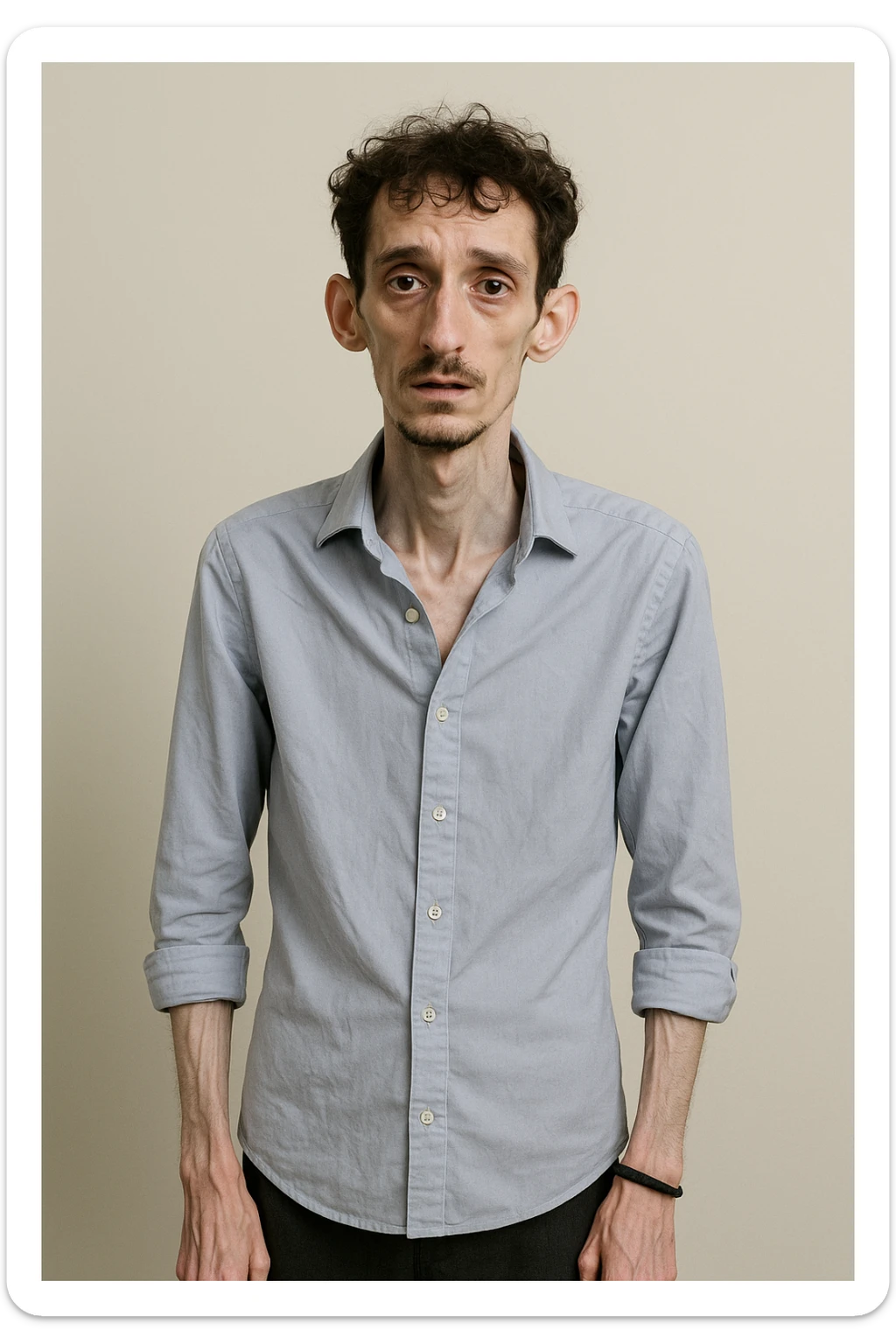 uomo che ha perso massa ed è piatto muscolarmente, lui è in piedi e si vede il fisico debilitato sticker