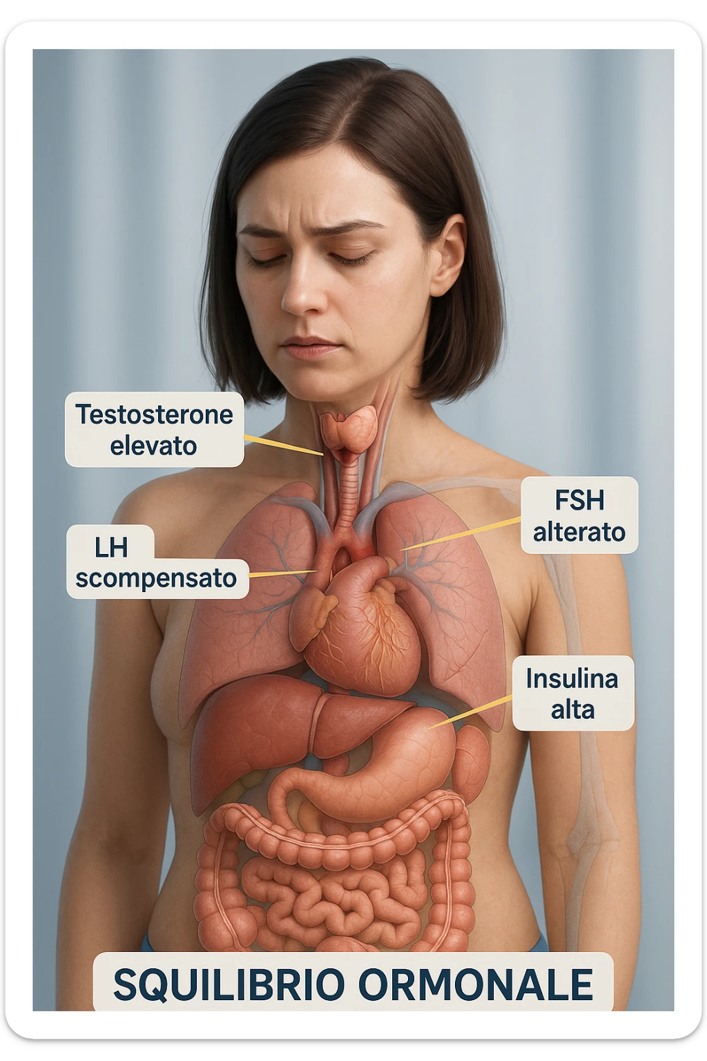 medical 3D vertical image 2:3 of a woman with PCOS showing imbalanced hormones inside the body such as testosterone, LH, FSH, insulin causing problems, visually highlighting hormonal imbalance, clinical atmosphere, realistic details, captions in Italian sticker