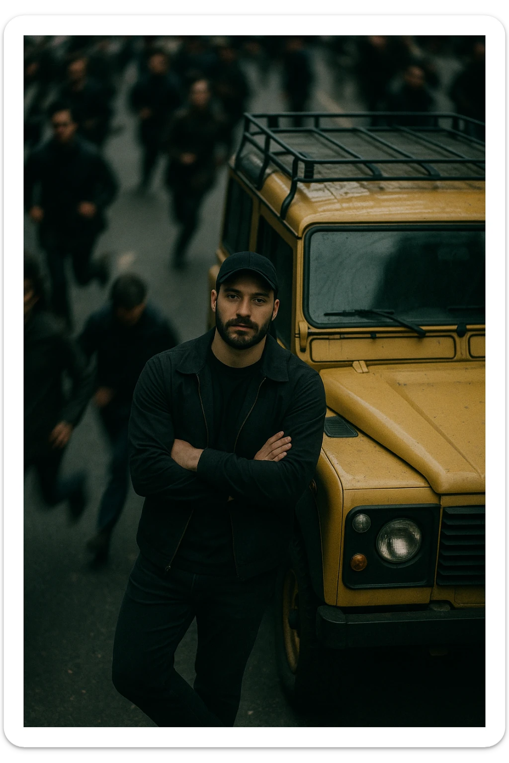 An aerial cinematic shot of me leaning against a yellow land rover defender on the street, wearing a t-shirt under a black jacket. A blurry crowd of people running around me. Gloomy lighting, 35mm film style, shallow depth of field, sharp focus on me.  sticker