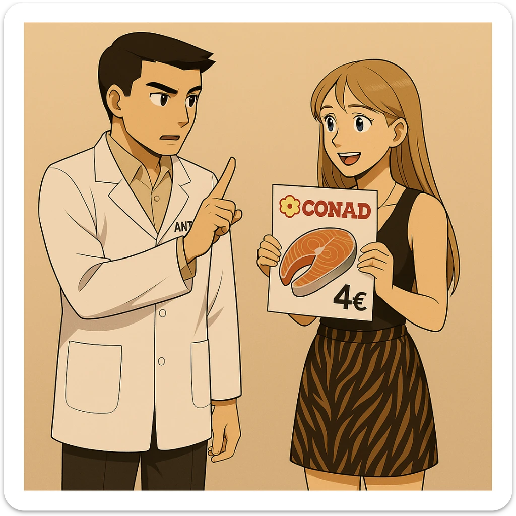 PRENDI SPUNTO DA QUESTE IMMAGINI PER FARE UN'ALTRA IMMAGINE: fai un webtoon/manga a colori con questo kinesiologo in camice bianco (fagli la scritta "ANTONIO ANANIA" SUL CAMICE) CHE PARLA CON QUESTA RAGAZZA CON GLI OCCHI AZZURRI. la ragazza è entusiasta dell'idea che ha avuto e mostra all'uomo un volantino del supermercato con la scritta "CONAD" IN ROSSO, SUL VOLANTINO CONAD FAI DISEGNATO UN TRANCIO DI SALMONE IN OFFERTA A 4€. IL KINESIOLOGO CON IL CAMICE BIANCO le FA IL GESTO "NO!" CON IL DITO PER ALLONTANARE IL VOLANTINO E LE SPIEGA CHE SI STA SBAGLIANDO. L'UOMO FALLO A SINISTRA E LA DONNA A DESTRA. FAI UN FORMATO 1:1, LE LORO FIGURE SI DEVONO VEDERE PER INTERO. NON FARE I FUMETTI, FAI SOLO LORO COME SE DIALOGASSERO sticker