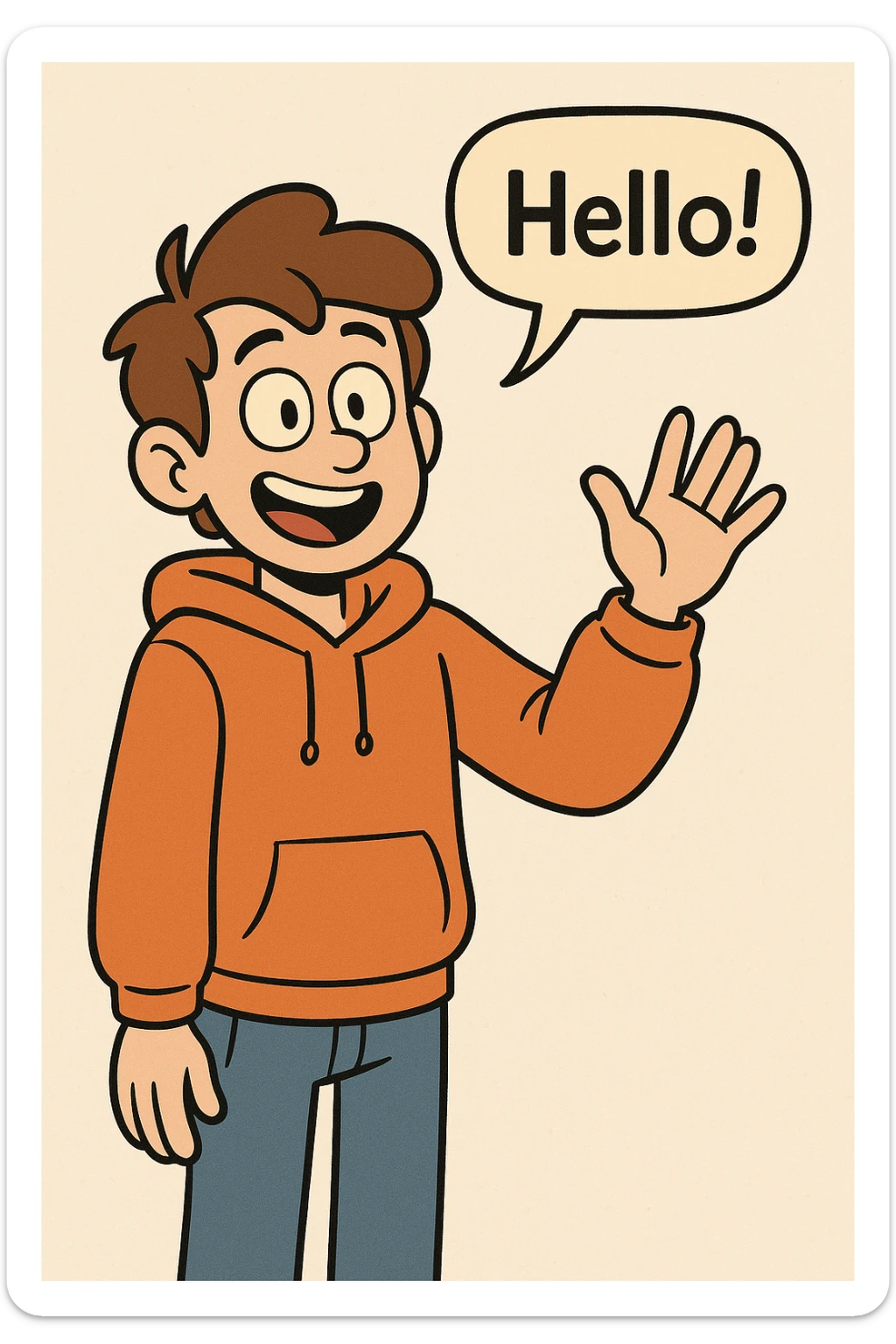 A boy brown hair how did say hello Orange hoodie blue jeans  sticker