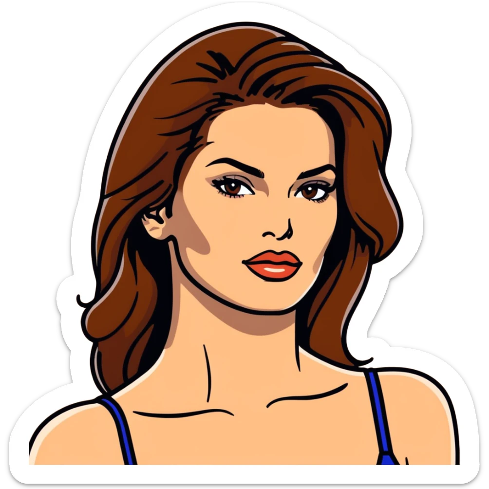 Cindy Crawford famous supermodel with beauty mark above her lip, brown hair sticker