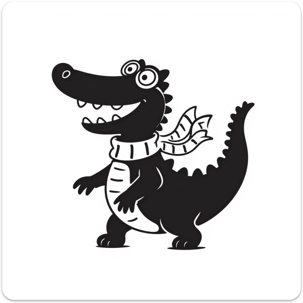 hand-drawn black outline doodle of a crocodile with aviator goggles and a scarf, energetic and fun sticker