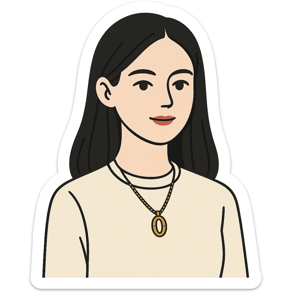 flat toon style college girl with black hair, white skin, wearing a Cartier necklace, old money luxury vibe sticker