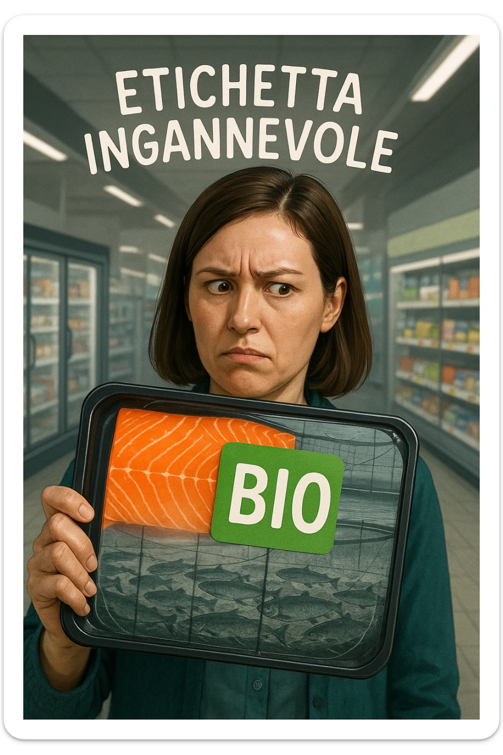 Scena in un supermercato moderno: uomo o donna tiene in mano una confezione di salmone etichettata 'BIO', con un grande bollino verde. Ma in trasparenza, dietro l’etichetta, si intravede un allevamento intensivo di salmoni in gabbie marine, acqua torbida e pesci ammassati. Espressione del cliente confusa e sospettosa. Sopra la testa, testo simbolico fluttuante: 'Etichetta ingannevole'. Colori contrastanti: confezione brillante ma realtà di fondo grigia e artificiale. Stile realistico con elementi simbolici forti realistico sticker