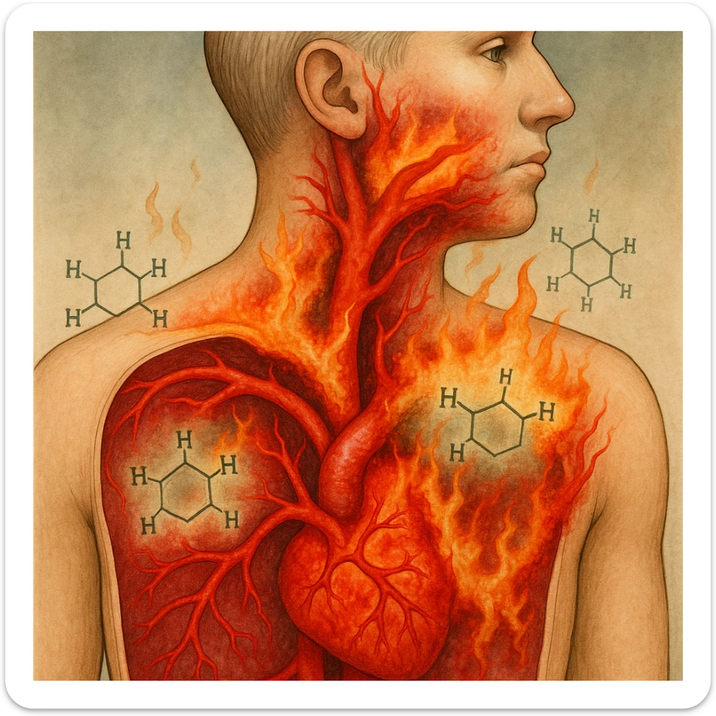 surreal medical illustration of a cross-section of a human body with arteries crossed by oxidized omega-6 fatty acids resembling flames or acid, inflaming tissues; hexane molecules as chemical specters; healthy-looking exterior but bright red and inflamed interior sticker