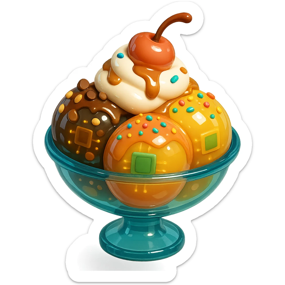 Add extra toppings: chocolate chips, caramel drizzle, chopped nuts, and colorful sprinkles to the 3D glossy ice cream sundae. Keep the glass dish, whipped cream, and cherry on top. No background. sticker