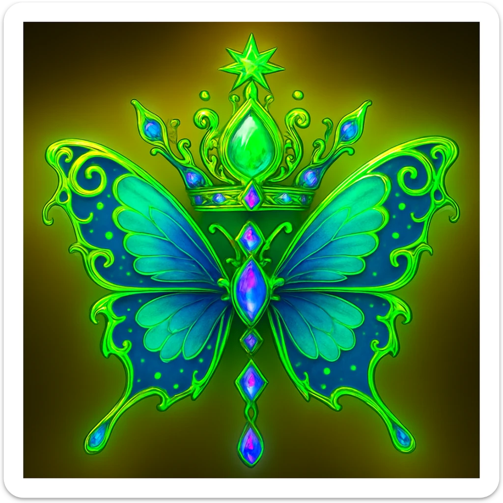 Change the butterfly and crown to a vibrant, magical, and luxurious neon green color with accents of blue and violet. The glowing neon green, blue, and violet tones should blend together beautifully, while preserving all gold details. Keep the background as is. sticker