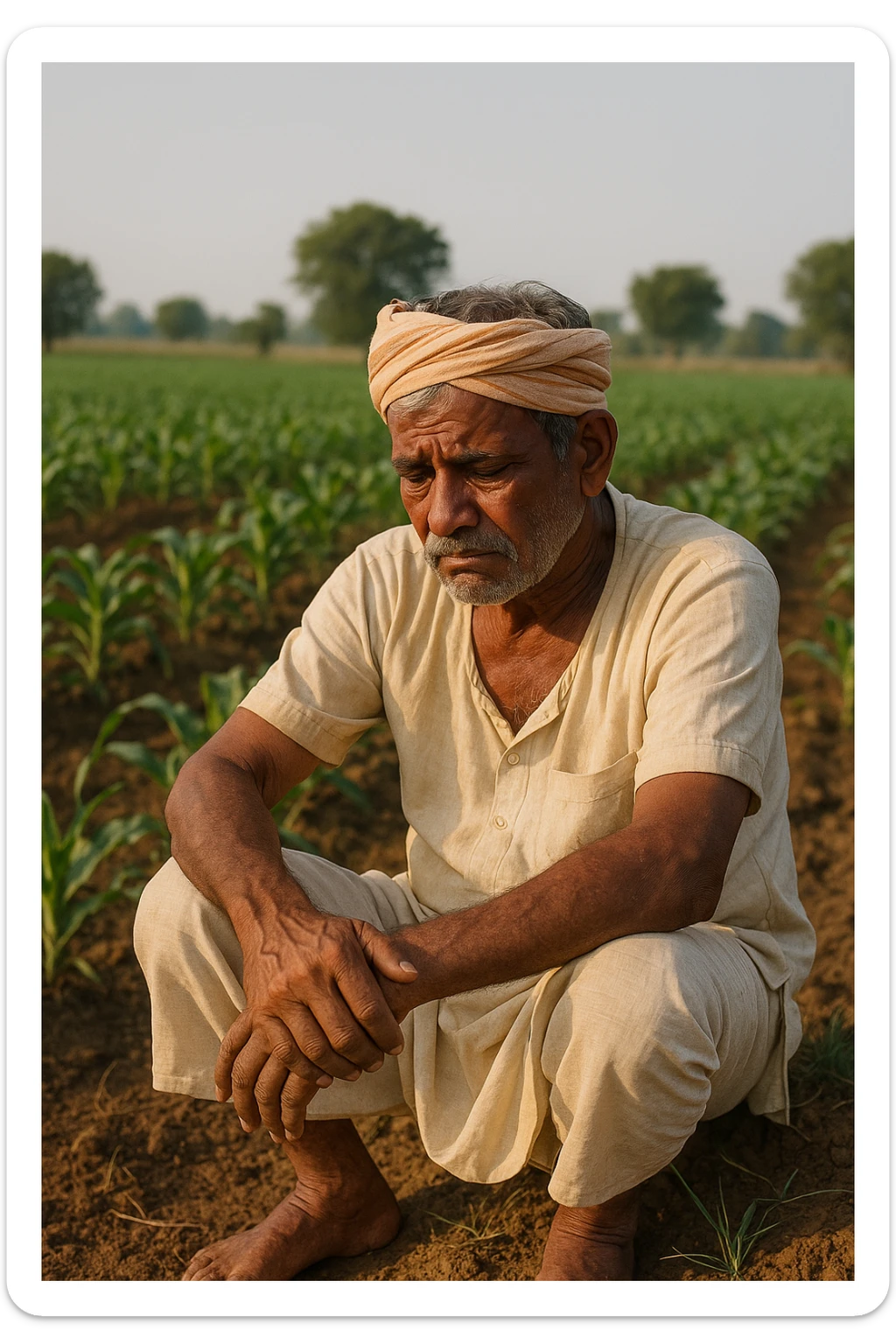A sad Indian farmer in traditional dhoti, sitting on the ground in a field, looking down, emotional, farm setting. sticker