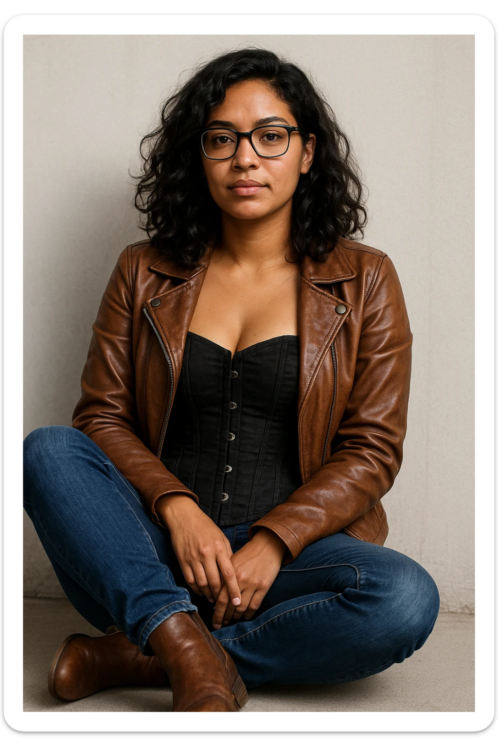 A woman with light brown skin, wavy black hair, and square-shaped glasses. She wears a black corset dress with a brown leather jacket, blue jeans, and brown ankle boots, sitting casually. sticker