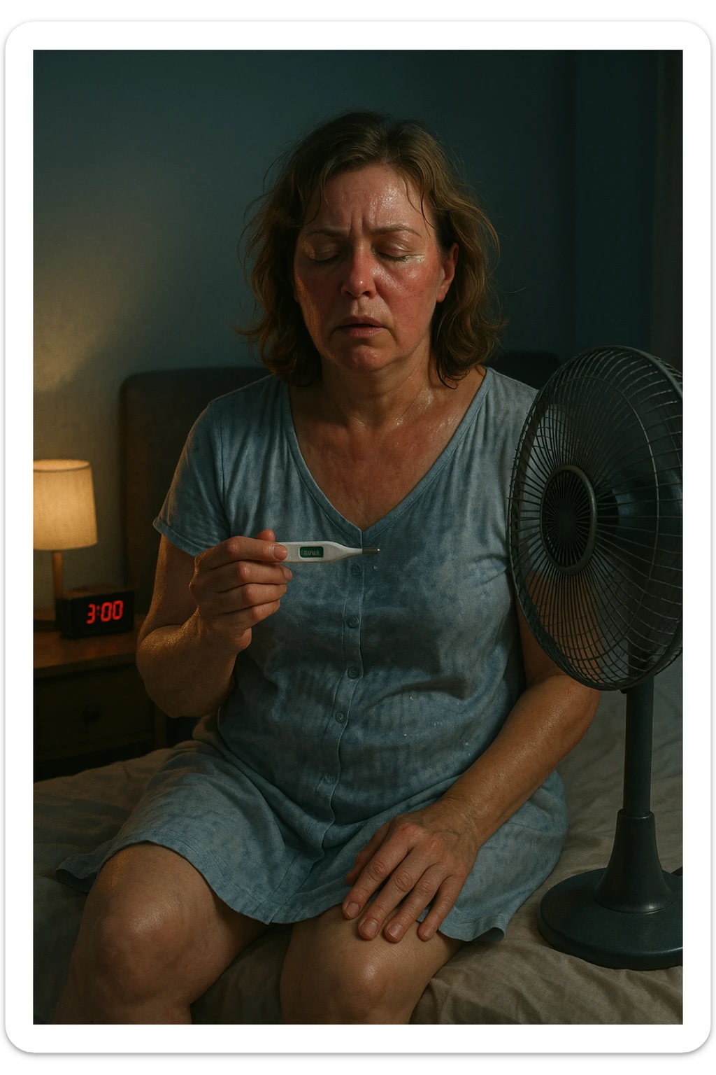 50-year-old woman sitting on bed at 3AM, nightgown soaked in sweat, face flushed as she holds thermometer showing 37.8°C, fan blowing directly on her sticker